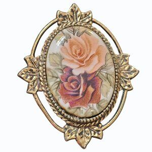 Vtg 70s Signed Sarah Coventry Victorian Blossom Rose Filigree Cameo Pendant
